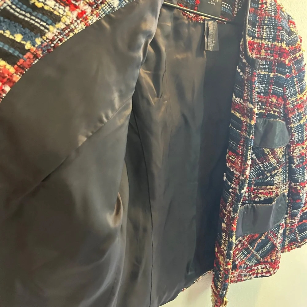 Smythe Boucle Leather-Detail Jacket Womens Size 6 Plaid Blazer Navy Career - Picture 9 of 10